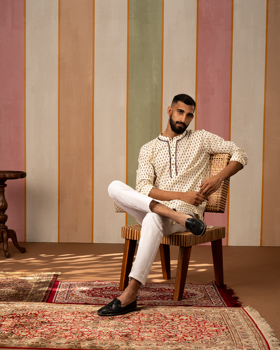 White Blockprint Cotton Kurta With Embroidery