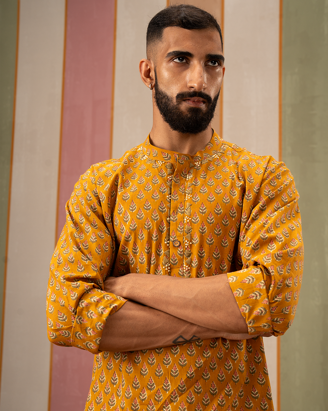 Yellow Blockprint Cotton Kurta With Embroidery