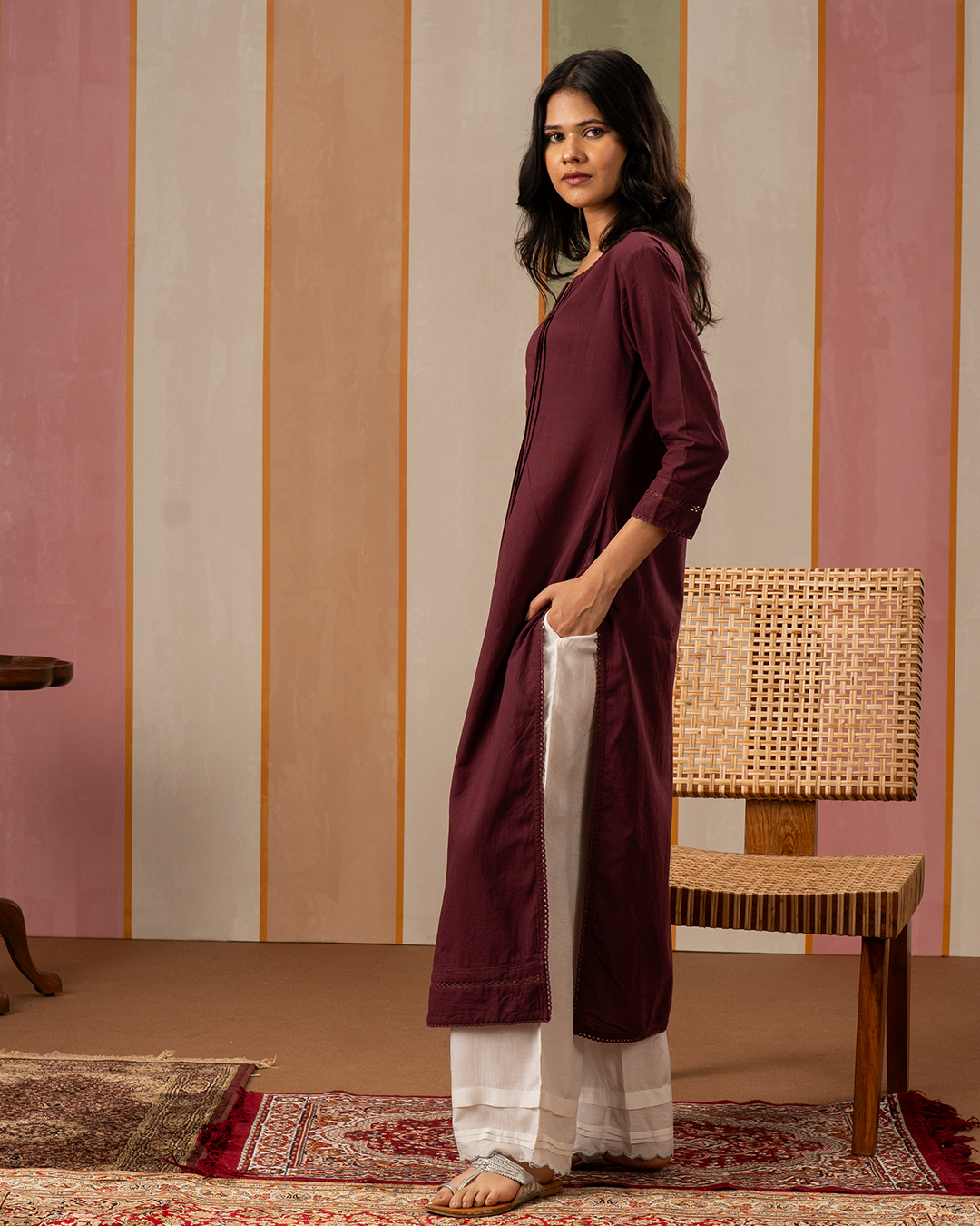 Purple Solid Cotton Straight Kurta
