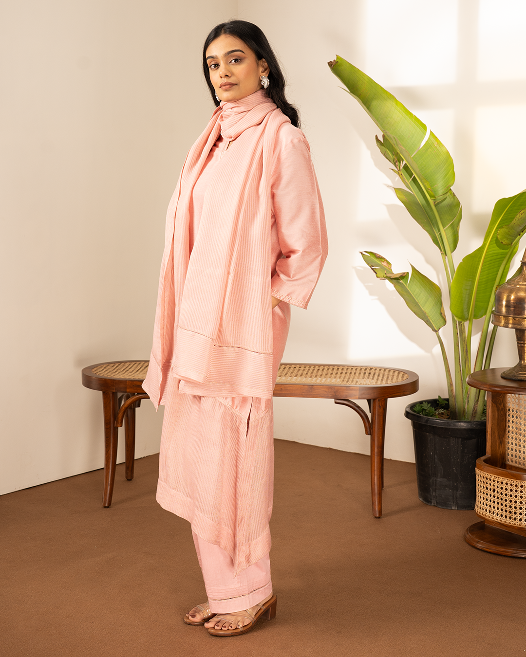 Pink Cotton Silk Tissue Asymmetrical Kurta