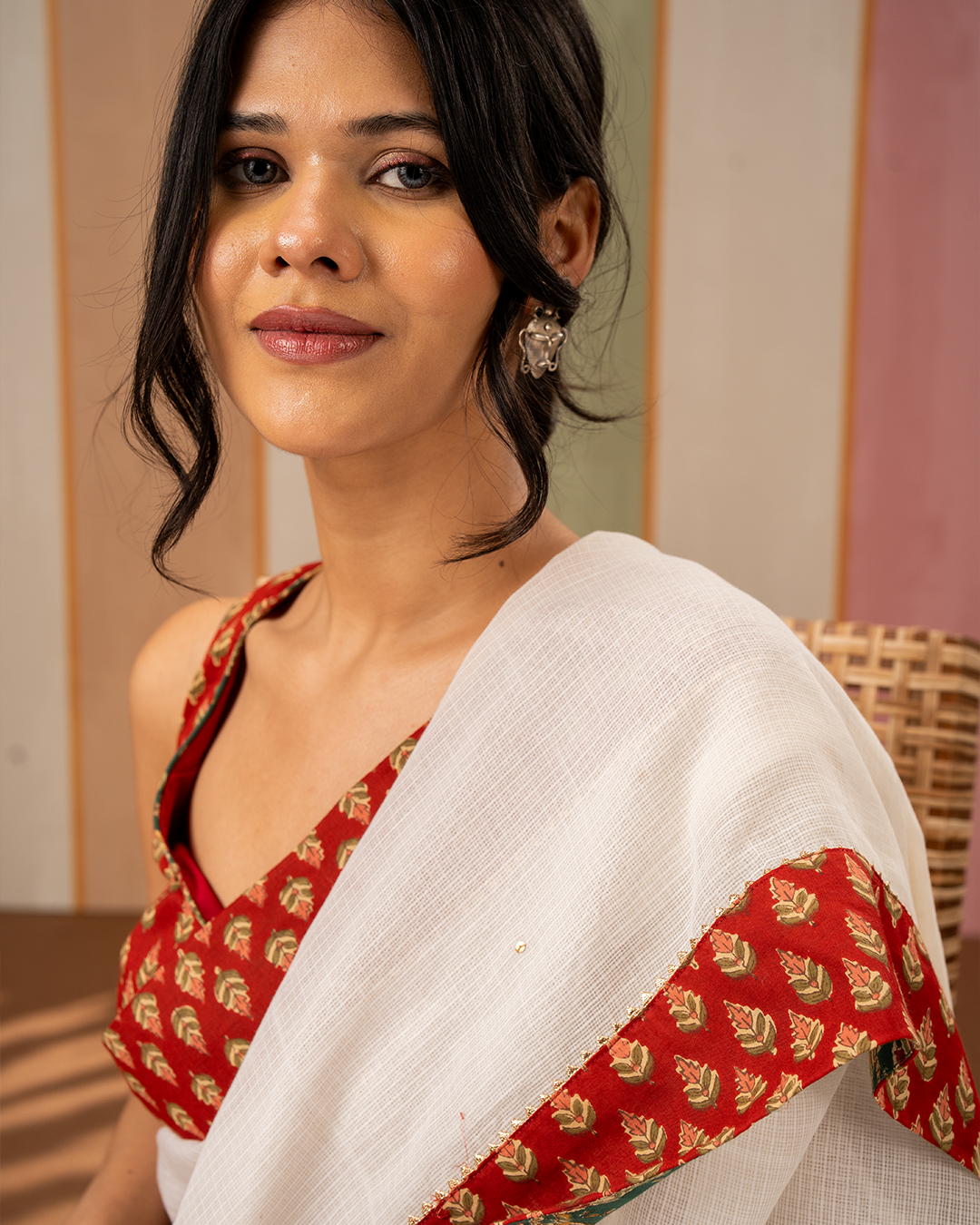 Off White Doria Blockprint Saree with Embroidery