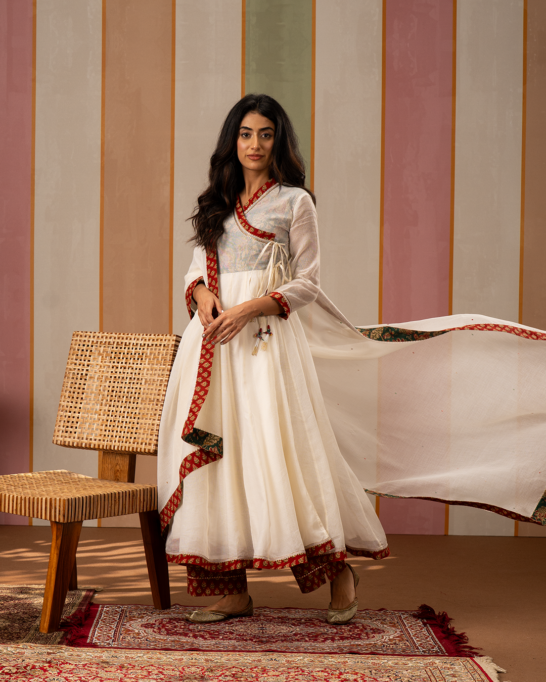 Off White Solid Doria Angrakha Kurta Set