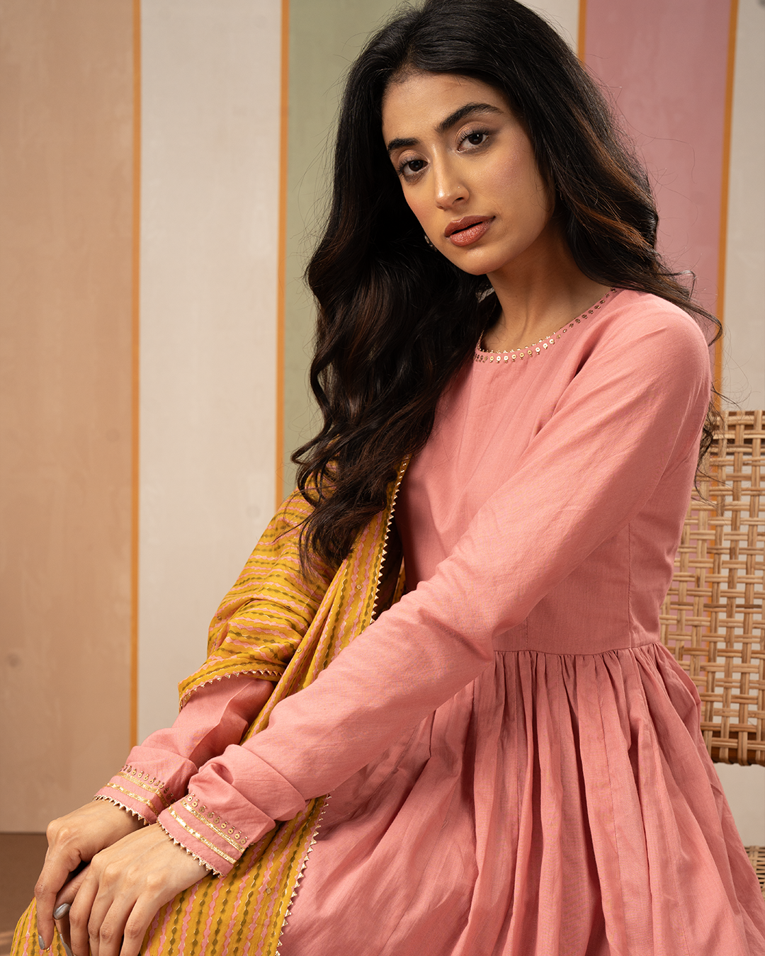 Pink Solid Cotton Flare Kurta