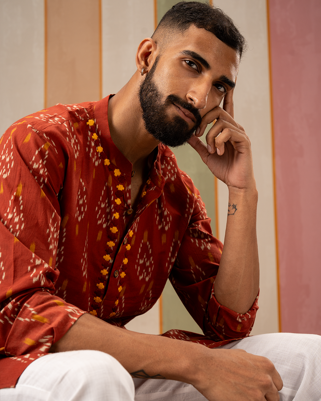 Rust Ikat Printed Cotton Kurta With Embroidery
