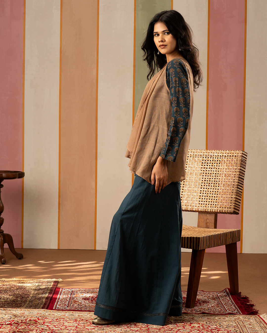 Blue and Brown Cotton Doria Blockprint Coord Set with Jacket