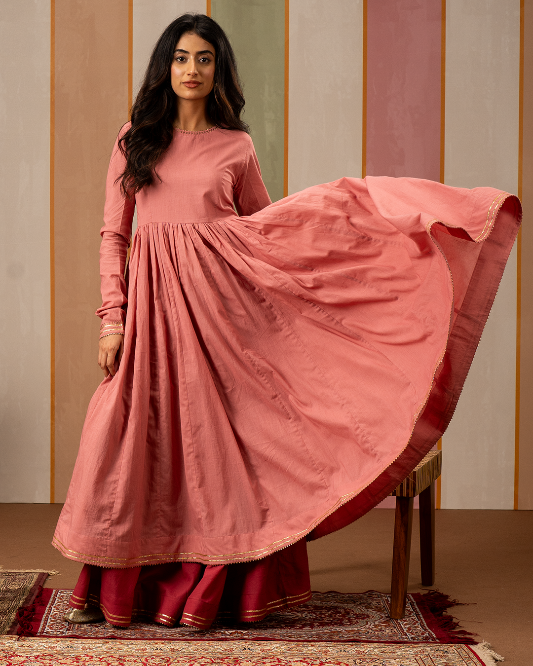Pink Solid Cotton Flare Kurta Set with Printed Yellow Dupatta