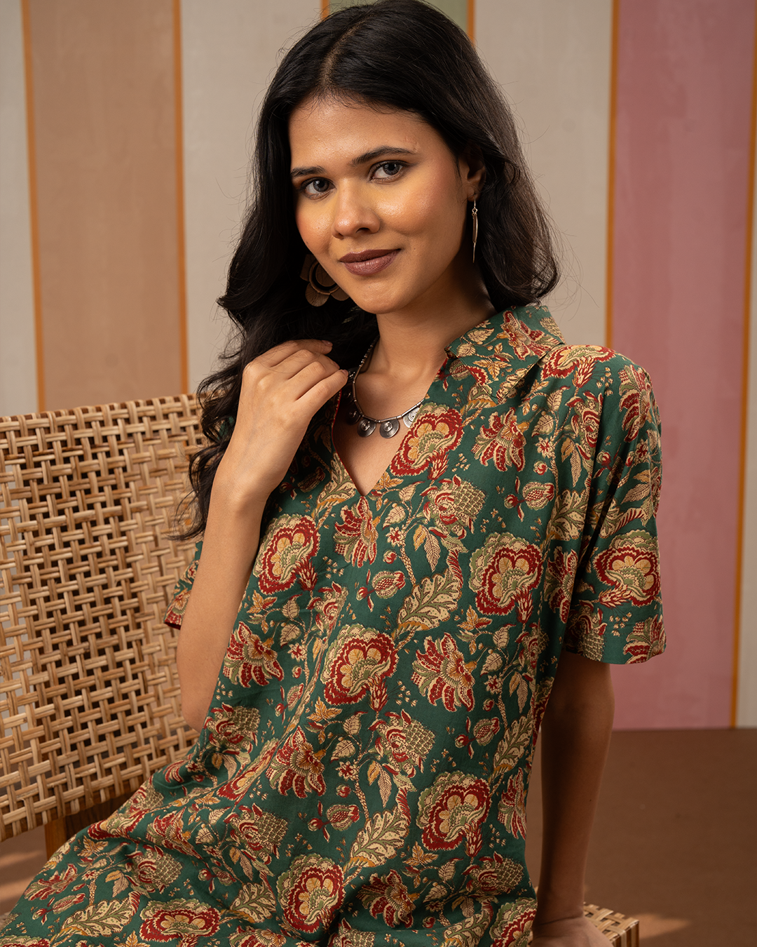 Green Printed Cotton Kaftan Kurta Set