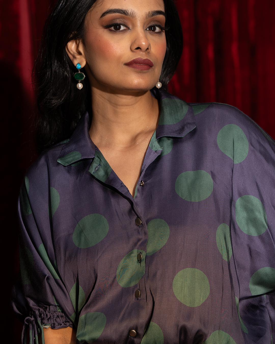 Blue Polka Dot Satin Kaftan Shirt