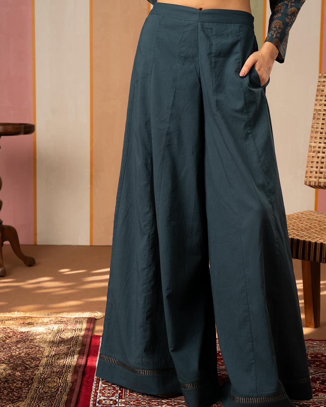 Blue Solid Cotton Palazzo Pants