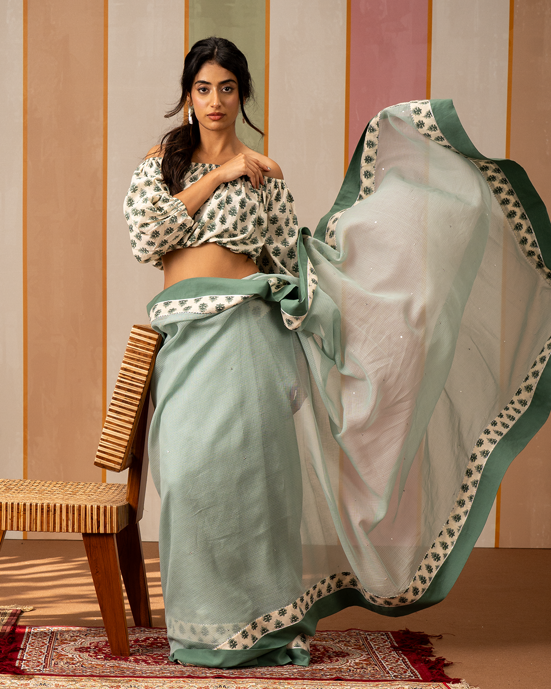 Sea Green Doria Saree with Blockprint Border