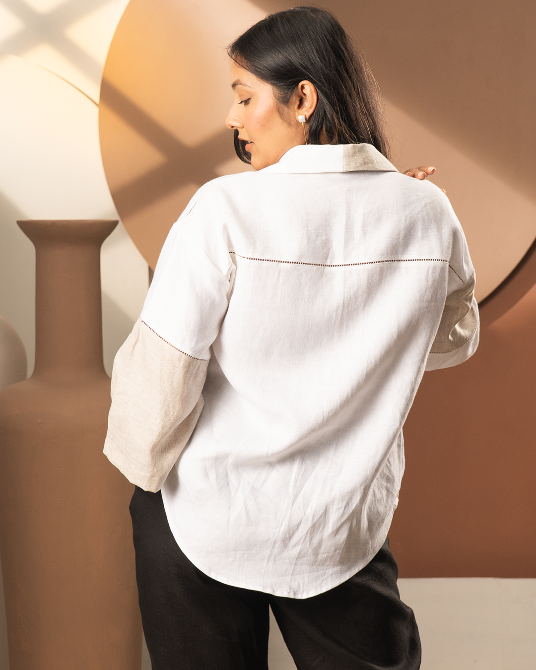 White Beige Linen Loose Fit Shirt