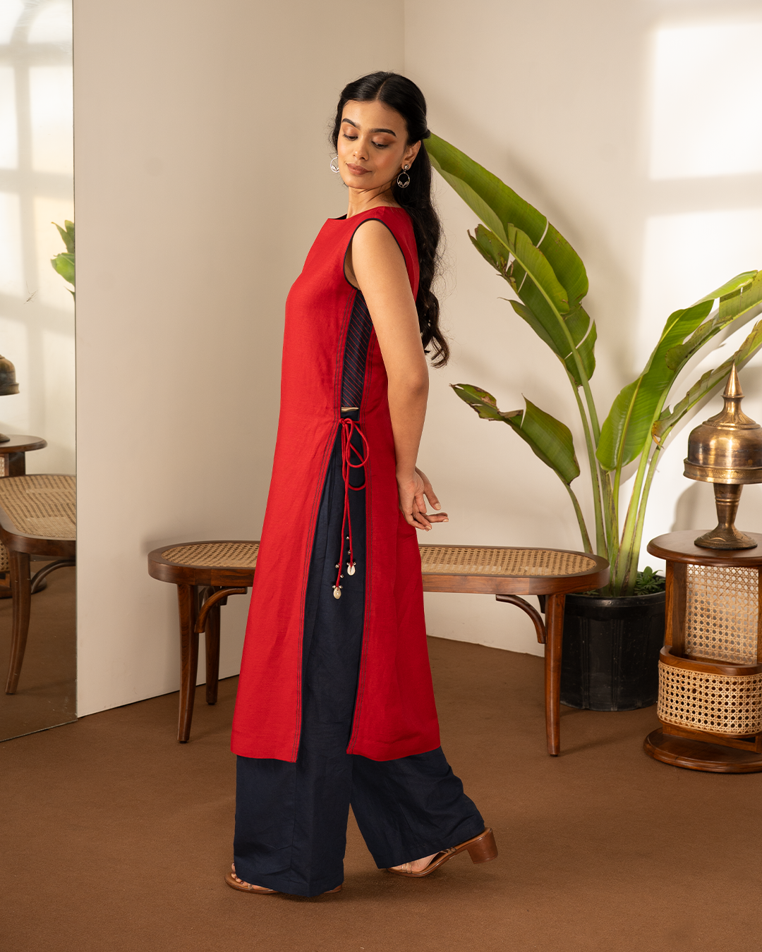 Red Blue Linen Straight 2-Piece Kurta Set