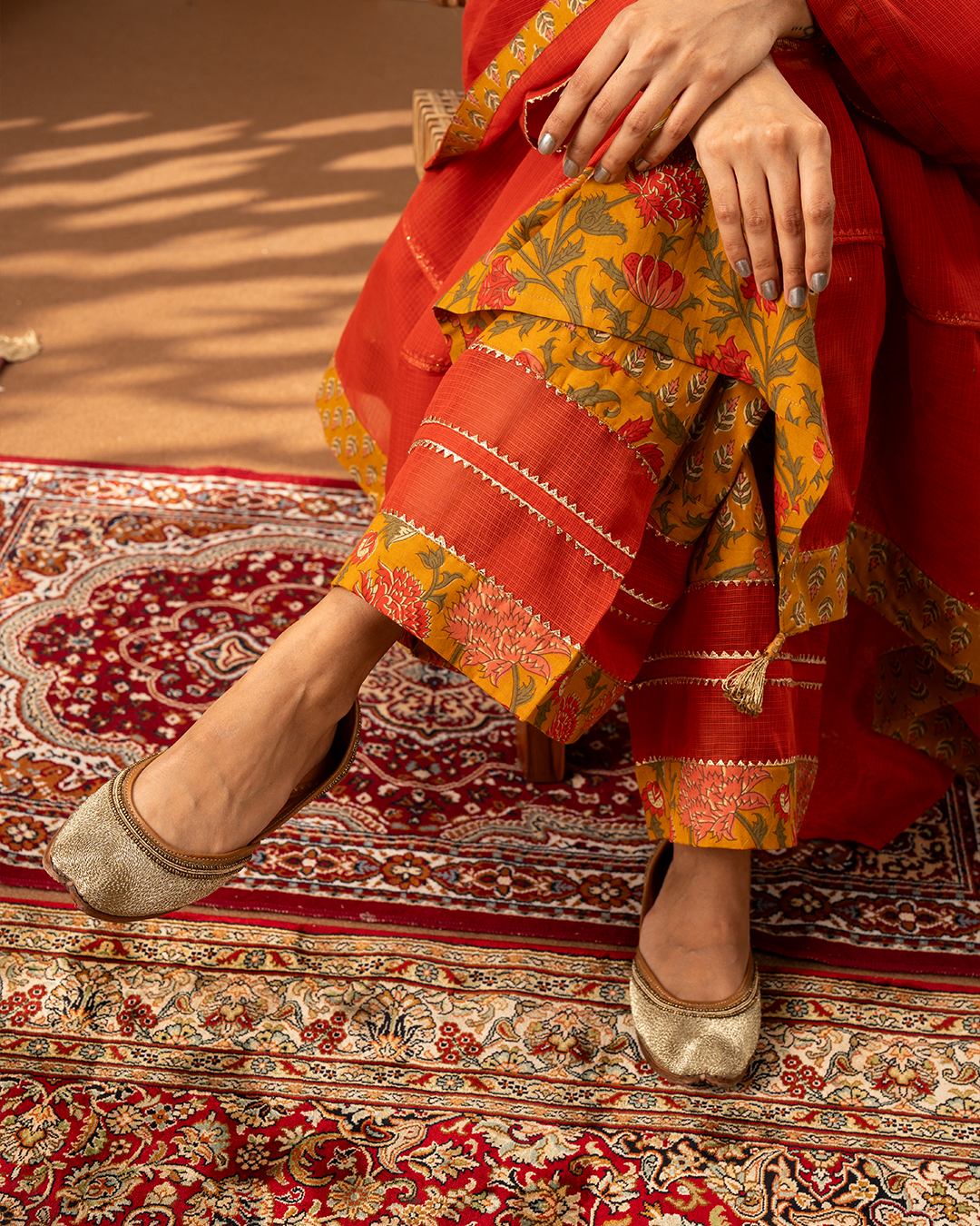 Red and Yellow Printed Cotton Doria Kurta Set