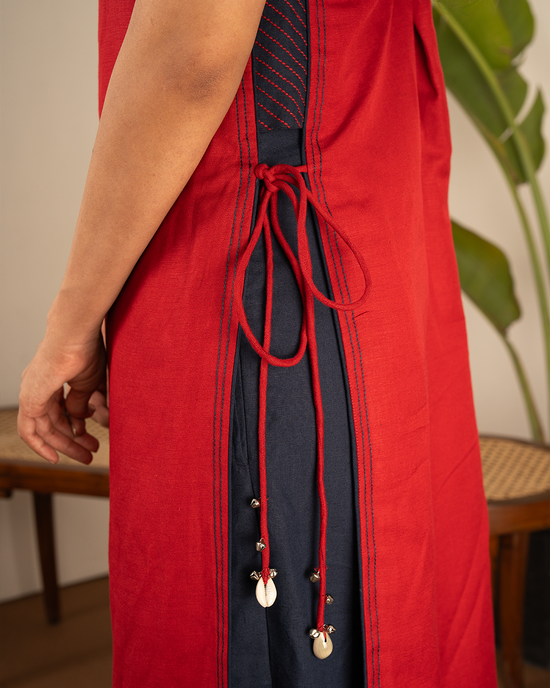 Red Blue Linen Side Trim Straight Kurta