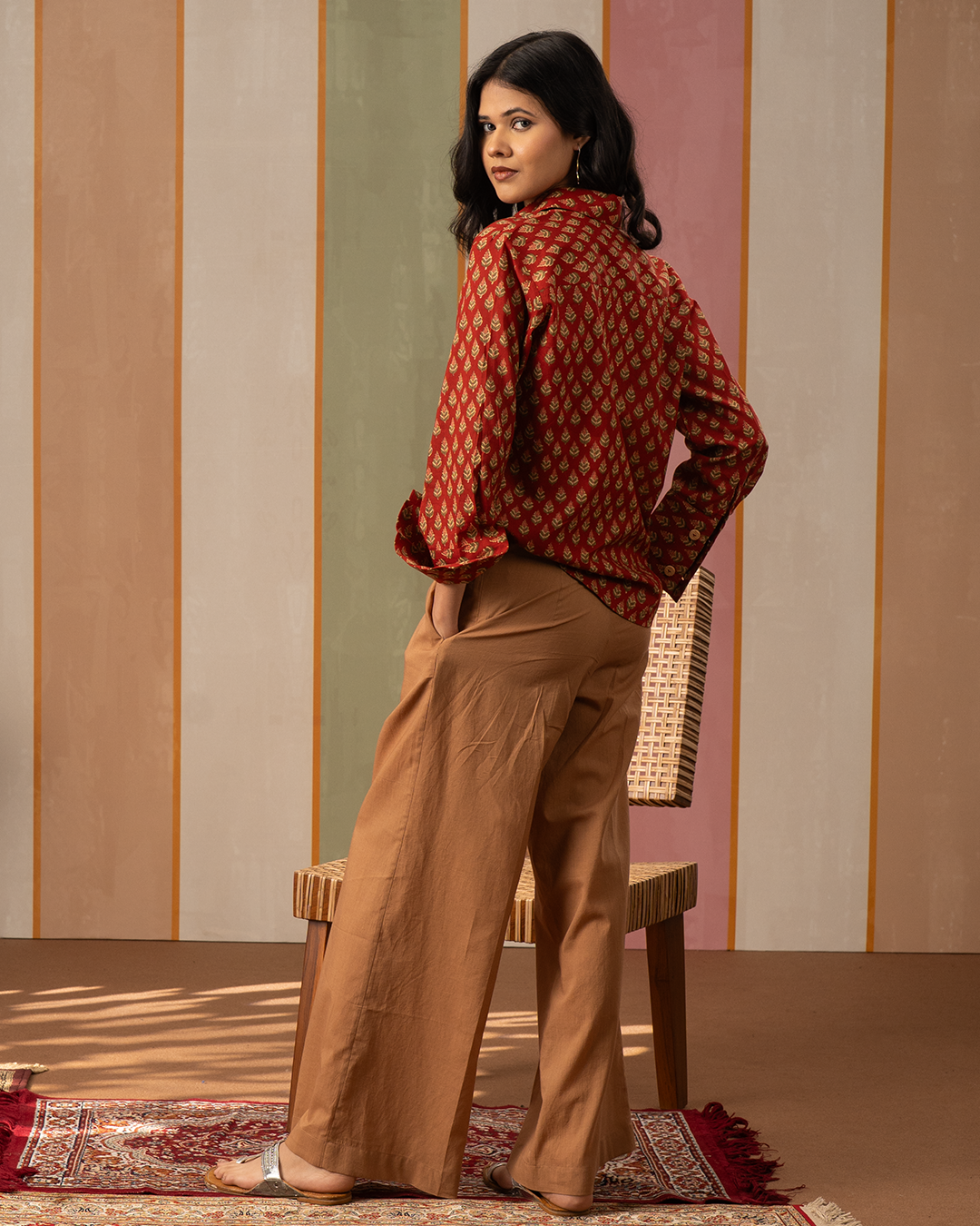 Red and Brown Cotton Blockprint Shirt Coord Set