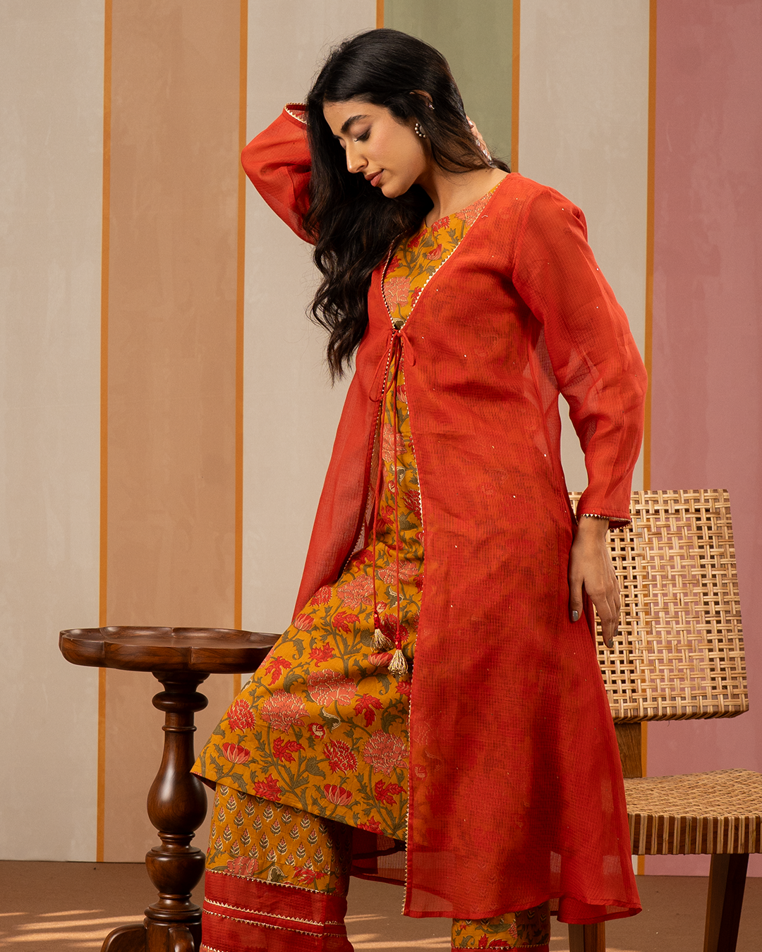 Red and Yellow Blockprint Cotton Doria Kurta with Jacket