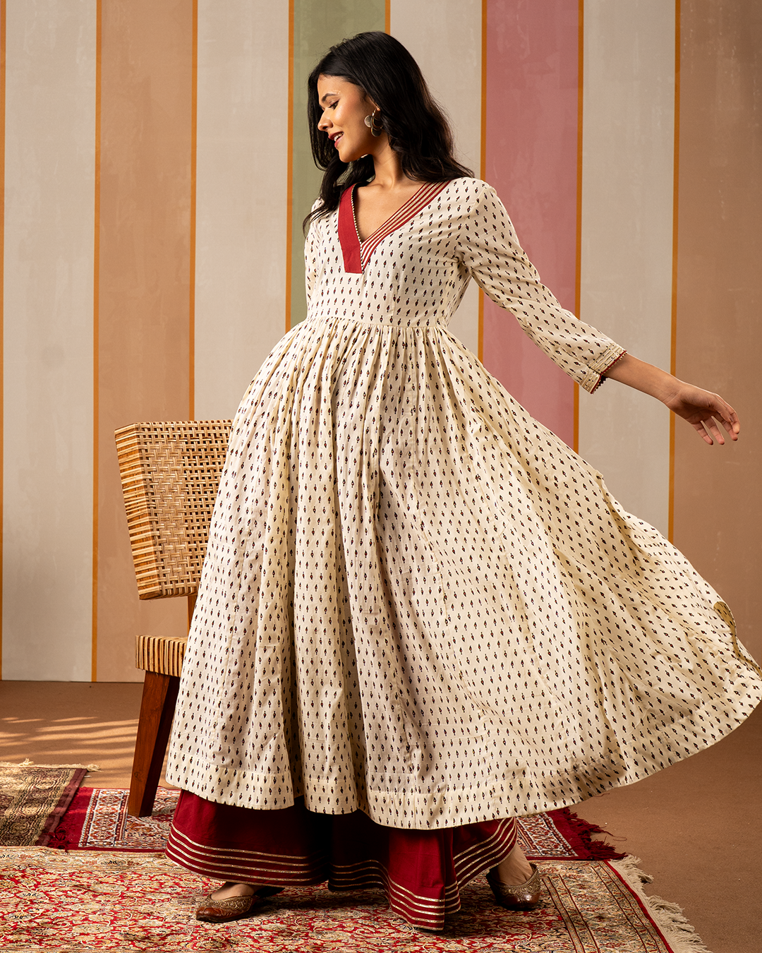 White Blockprint Cotton Flare Kurta