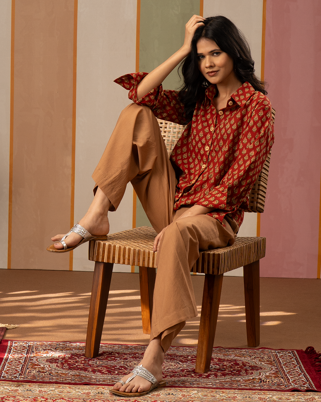 Red and Brown Cotton Blockprint Shirt Coord Set