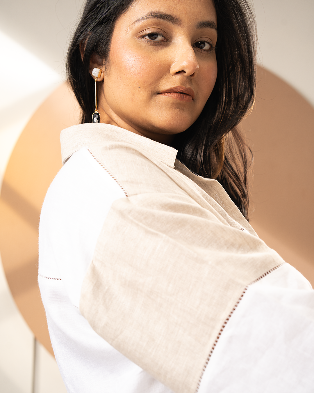 White Beige Linen Loose Fit Shirt