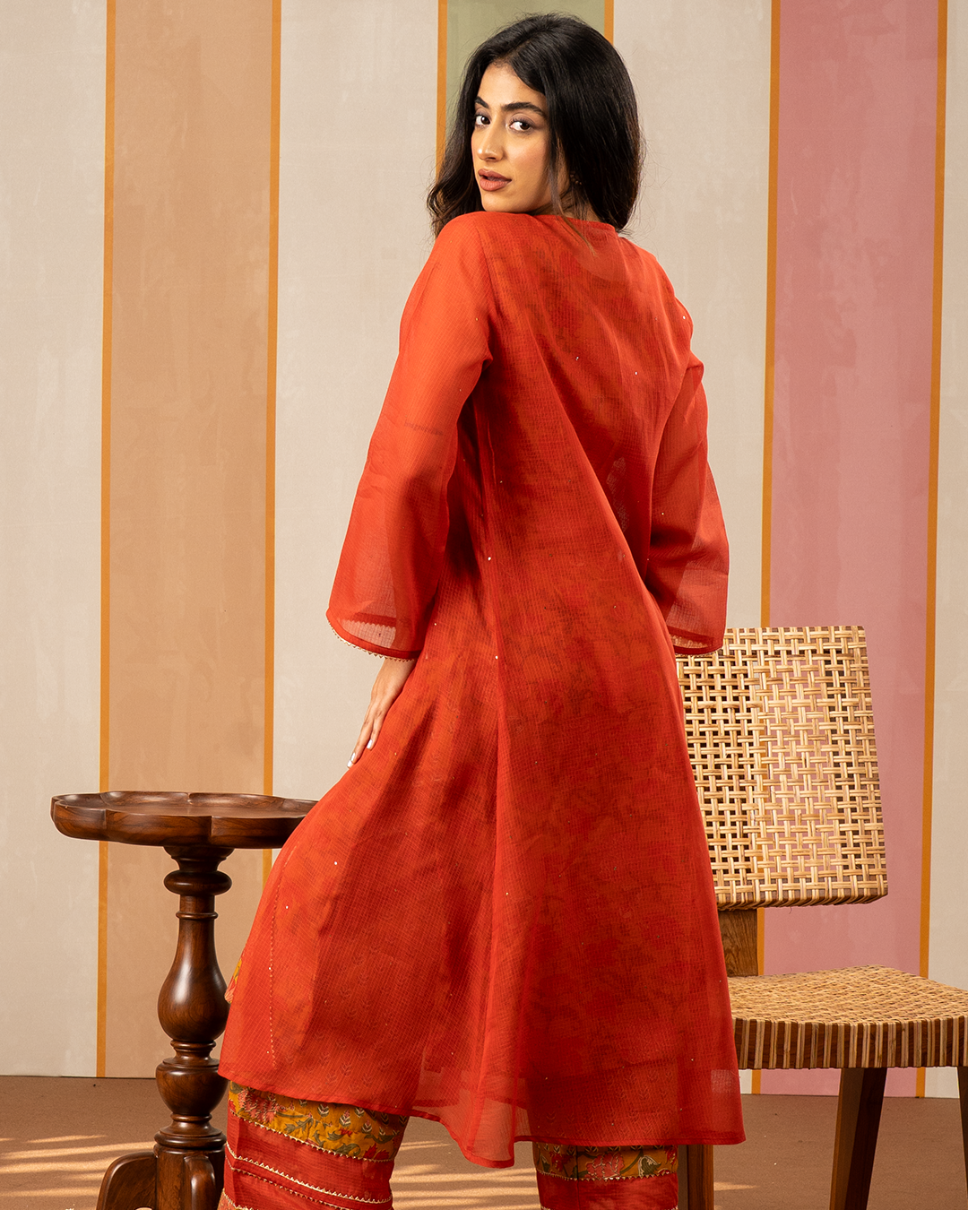 Red and Yellow Blockprint Cotton Doria Kurta with Jacket