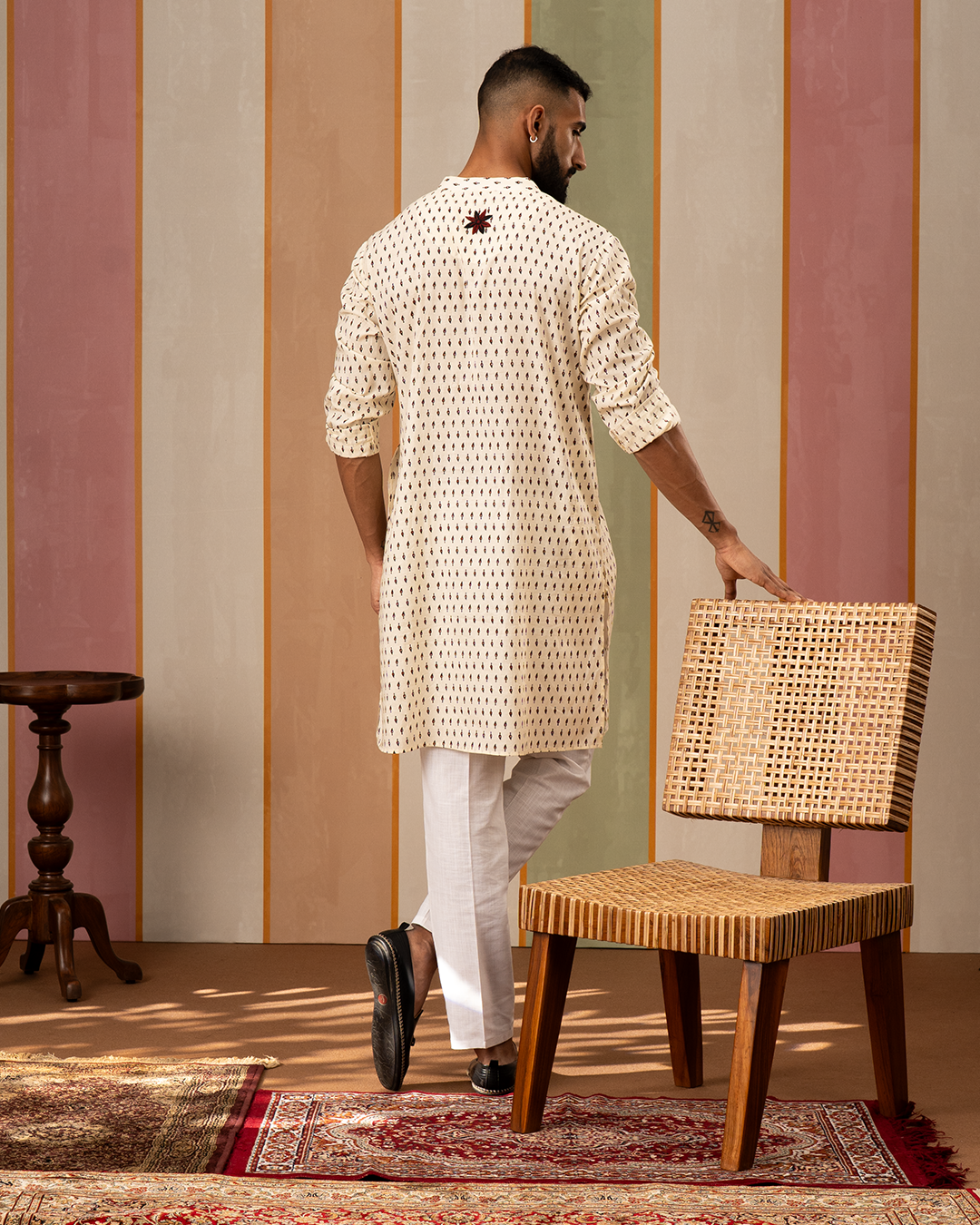 White Blockprint Cotton Kurta With Embroidery
