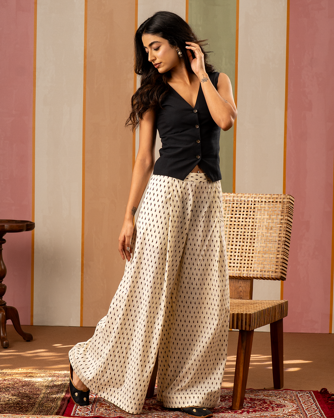Black and White Waistcoat Blockprint Coord Set