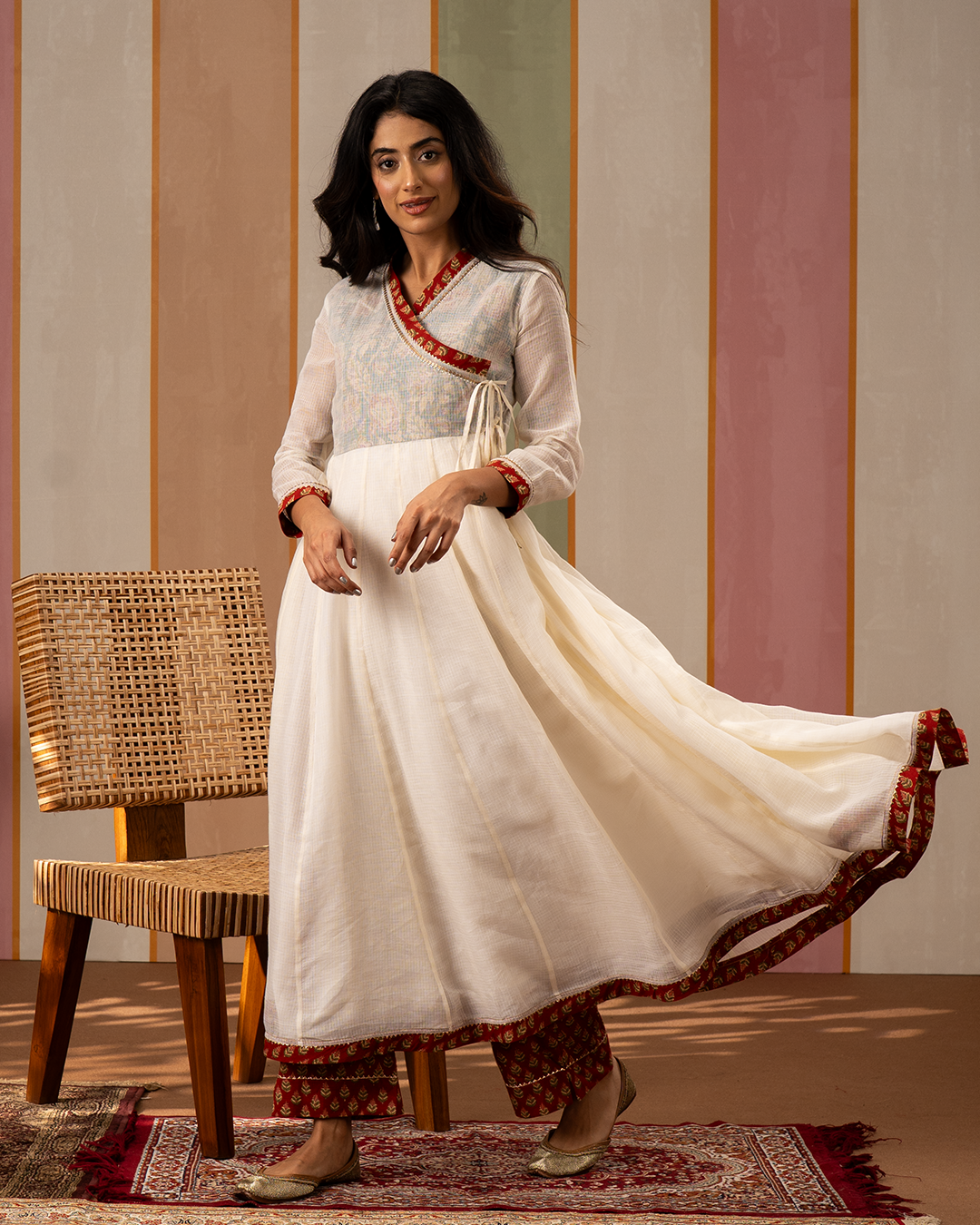 Off White Solid Doria Angrakha Kurta