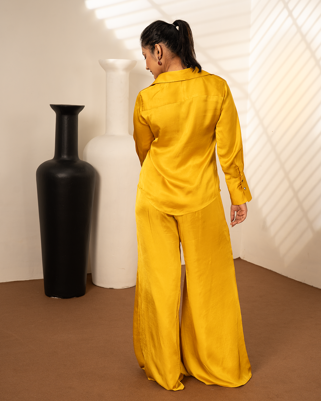 Ochre Yellow Satin Shirt Coord Set