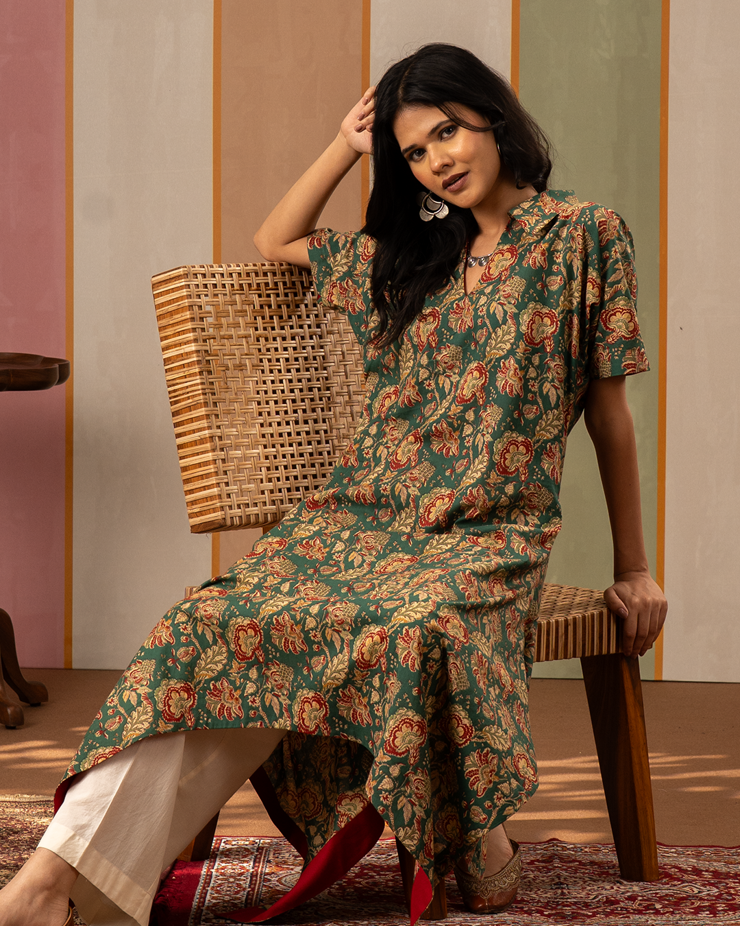 Green Blockprint Cotton Kaftan Kurta