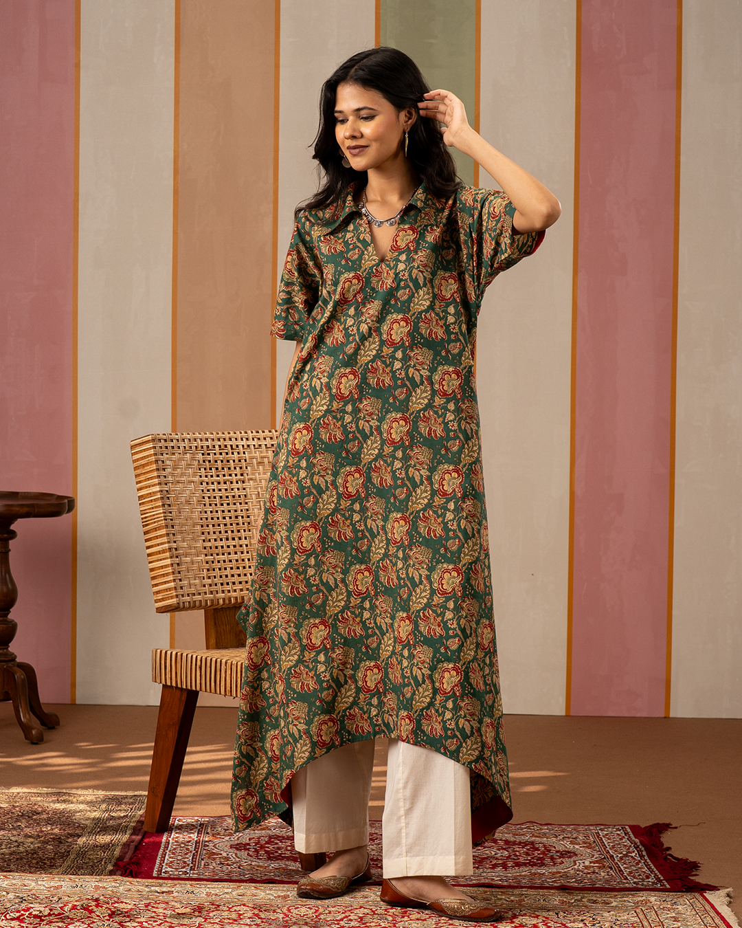 Green Printed Cotton Kaftan Kurta Set
