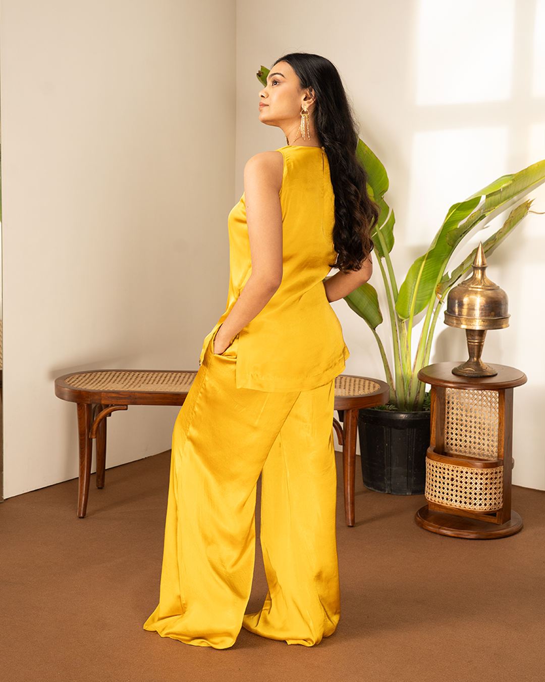 Ochre Yellow Satin Indowestern Set