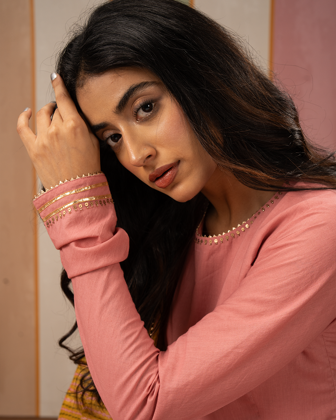 Pink Solid Cotton Flare Kurta