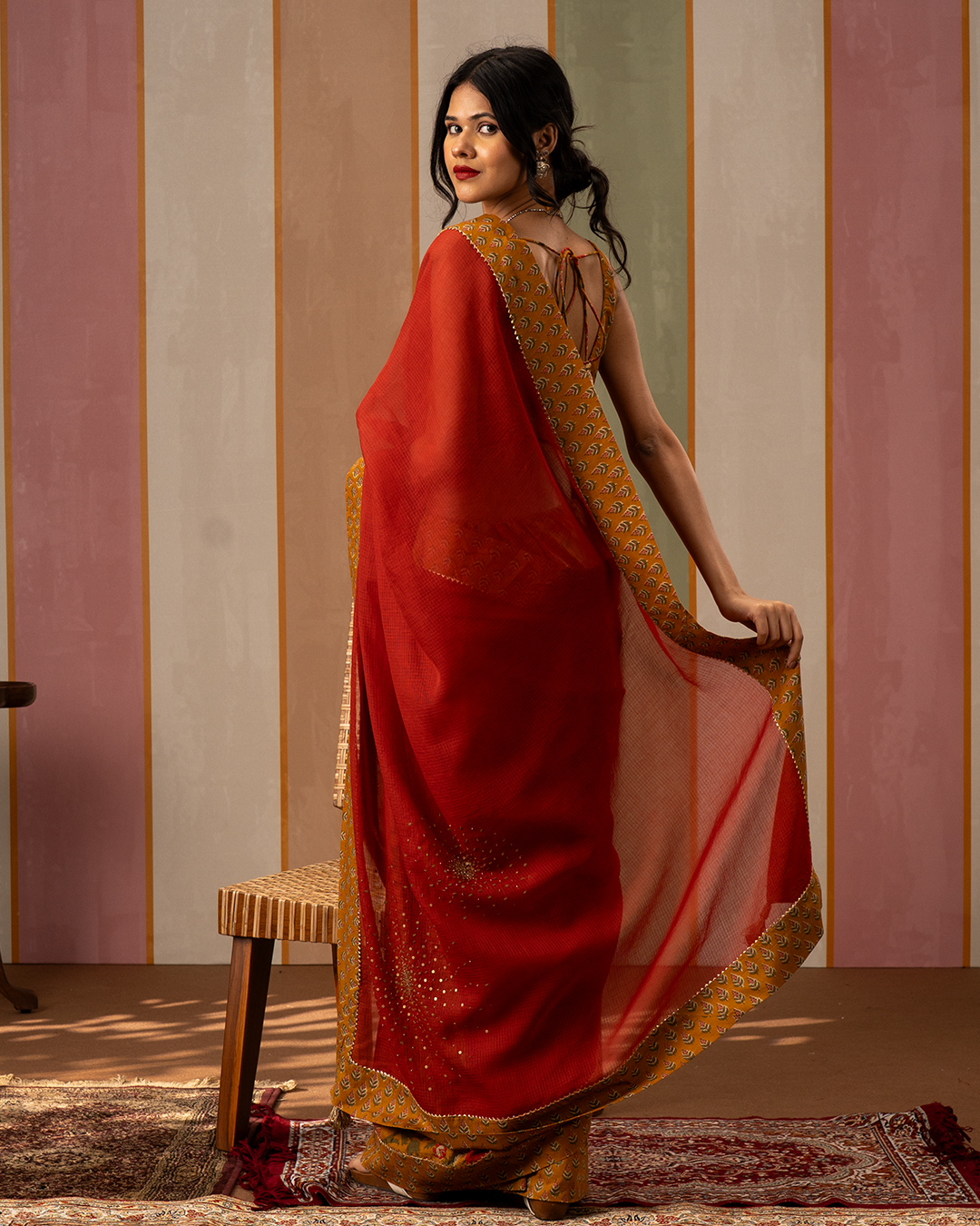 Red and Yellow Doria Blockprint Cotton Saree with Embroidery