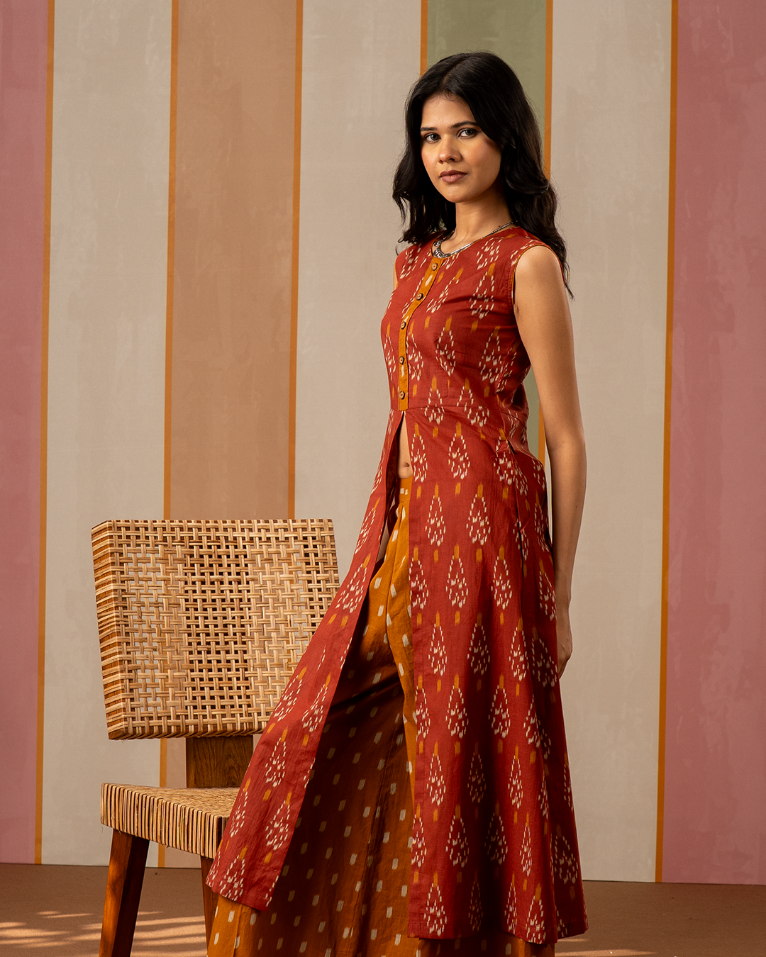 Rust and Mustard Ikat Printed Cotton Kurta