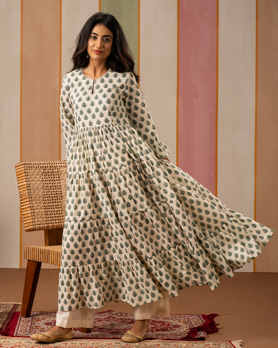 Sea Green and White Printed Flare Long Kurta Set