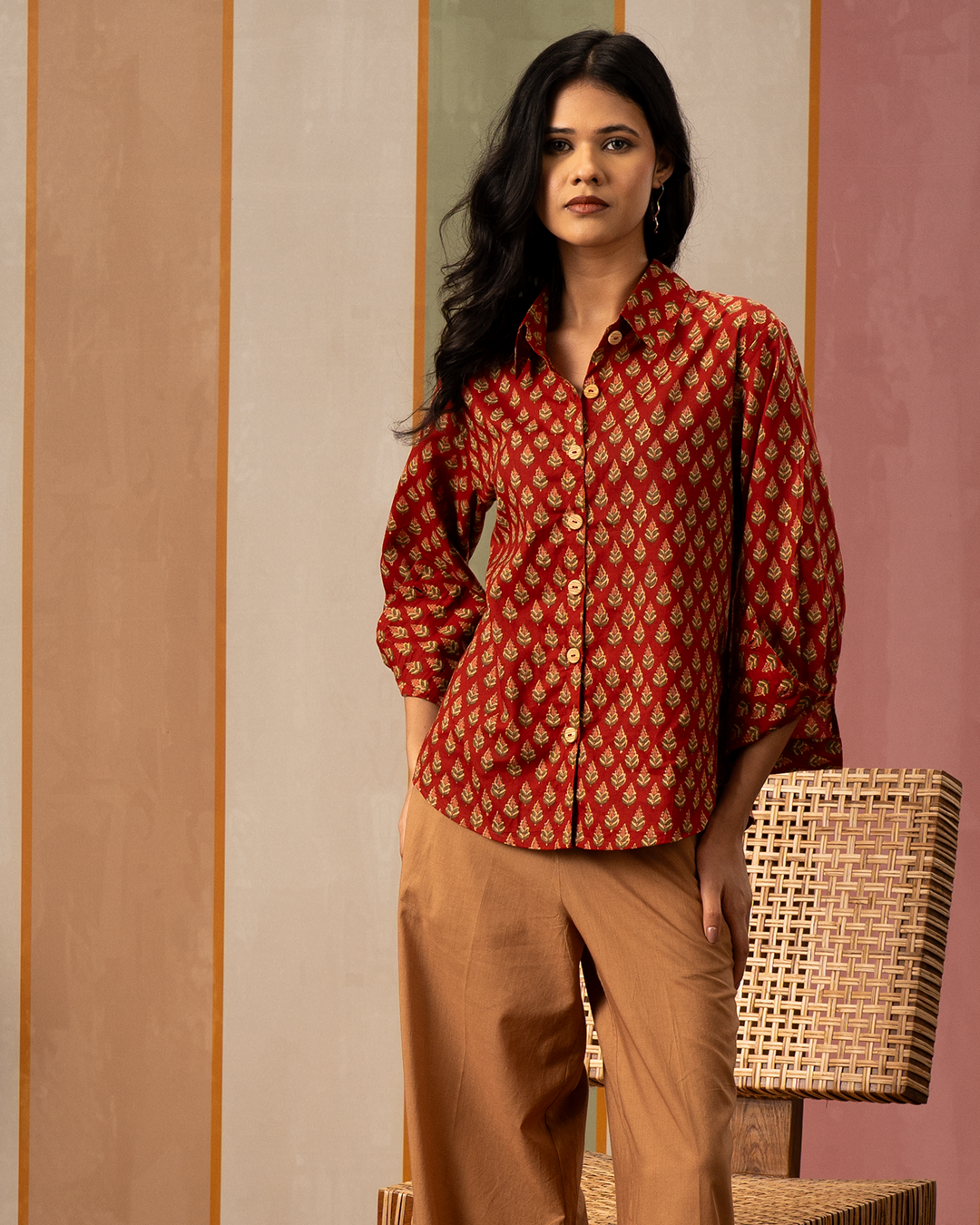 Red Blockprint Womens Cotton Shirt