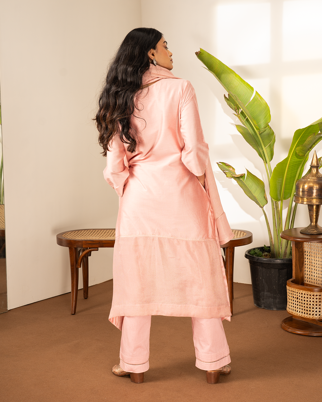 Pink Cotton Silk Tissue Asymmetrical Kurta