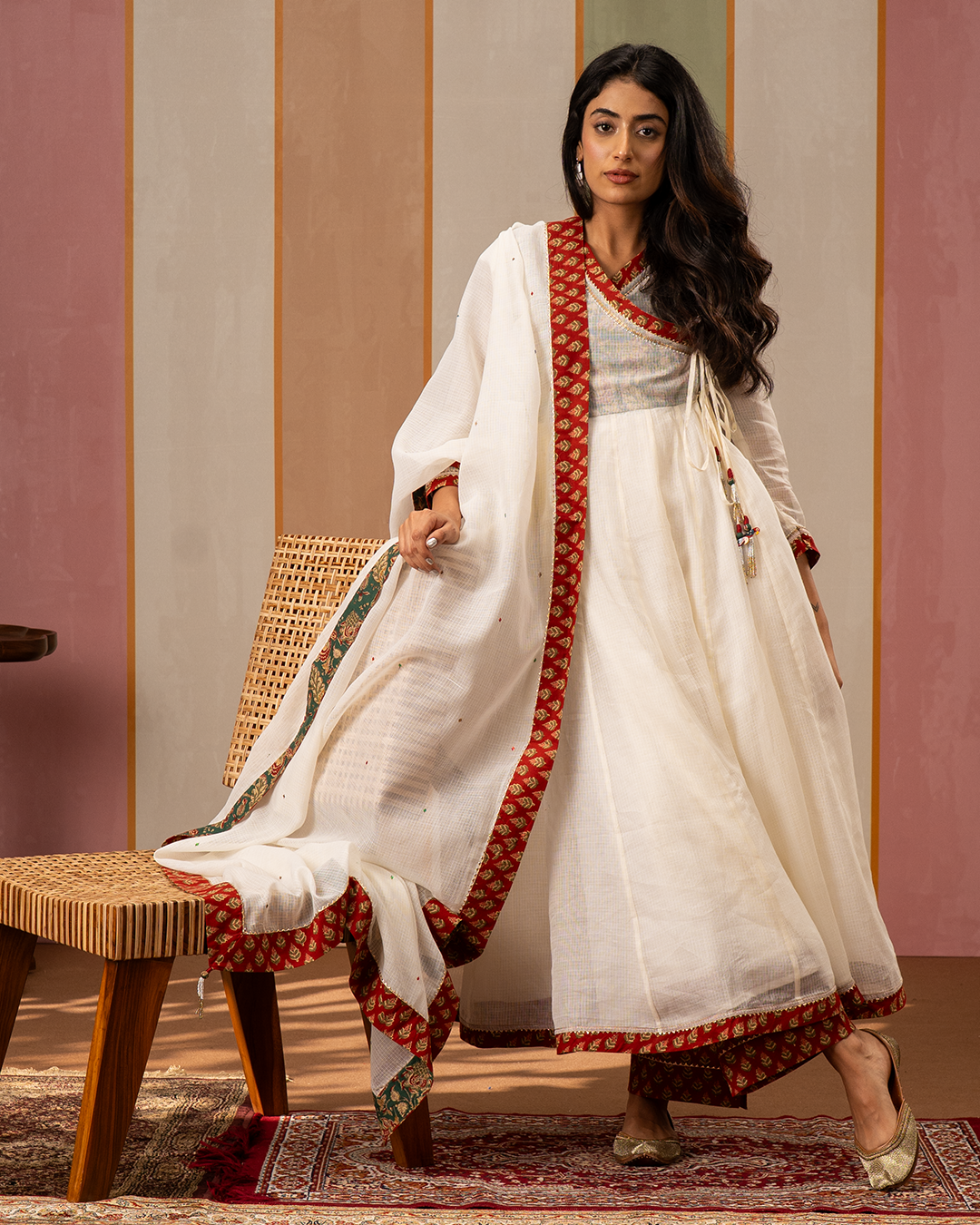Off White Solid Doria Angrakha Kurta Set