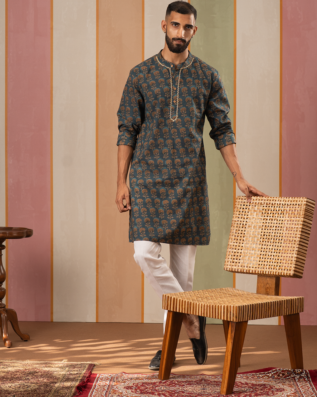 Blue Blockprint Cotton Kurta With Embroidery