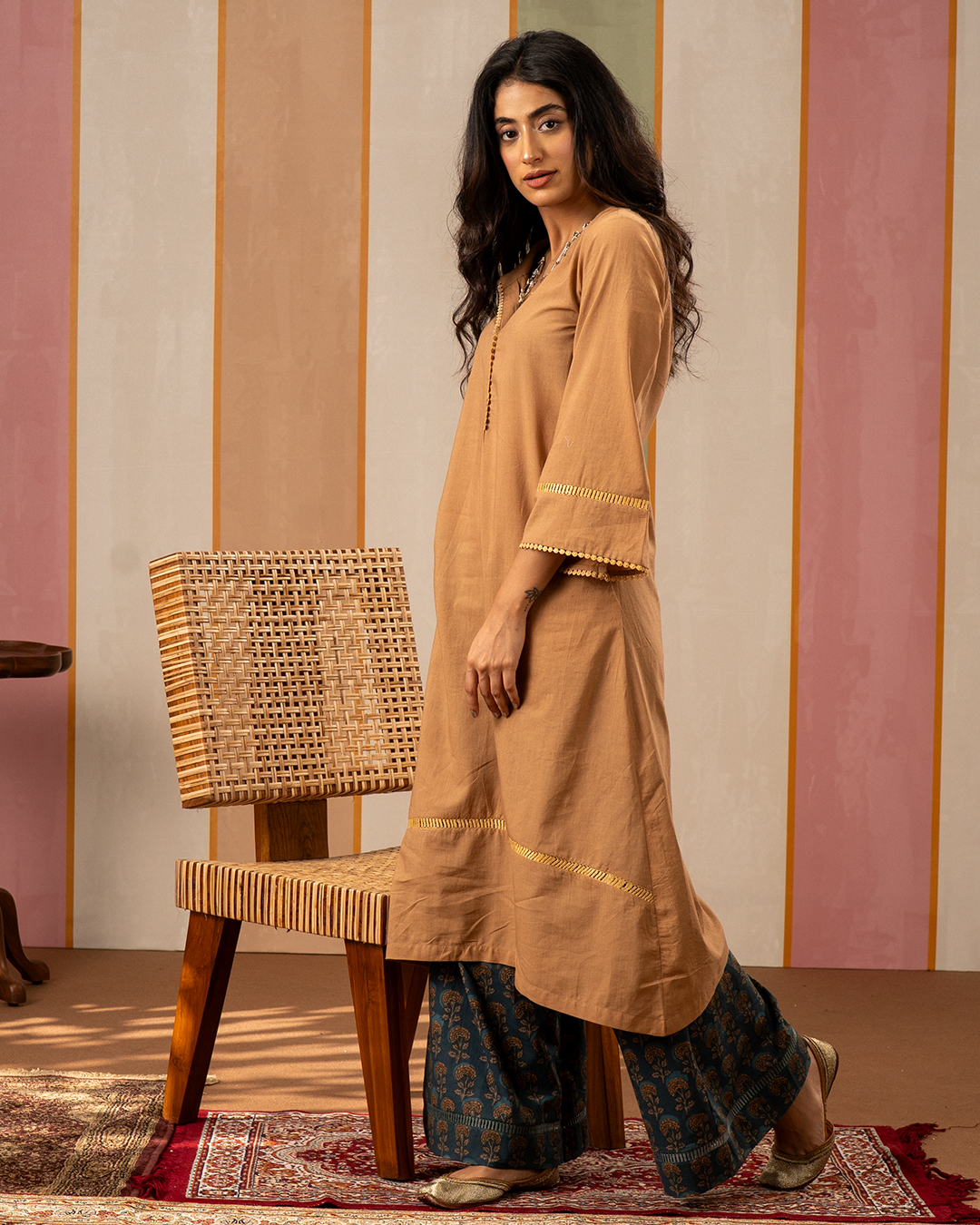 Brown and Blue Printed Cotton Kurta Set