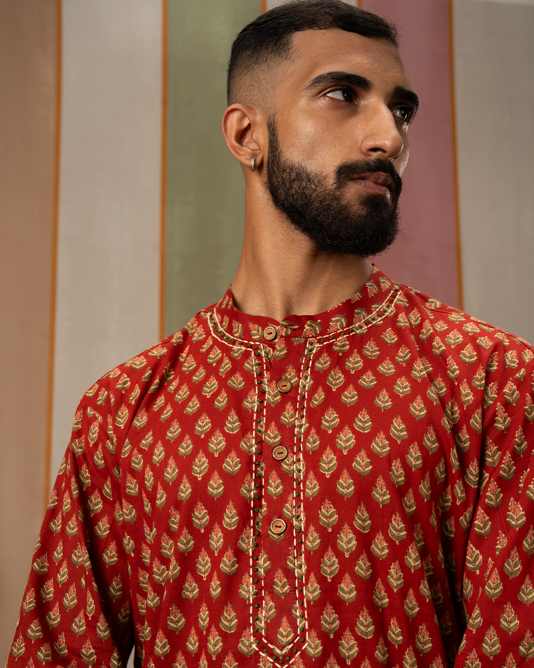 Red Blockprint Cotton Kurta With Embroidery