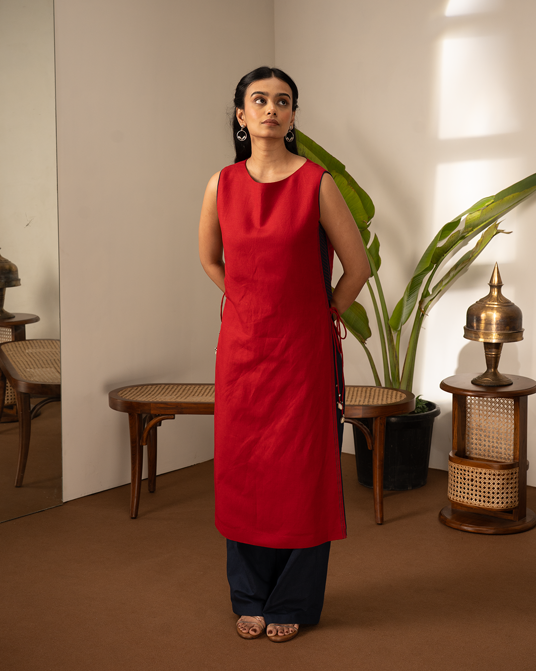 Red Blue Linen Straight 2-Piece Kurta Set