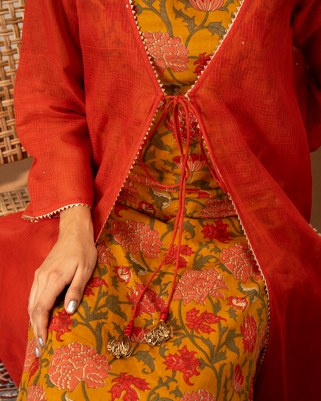 Red and Yellow Printed Cotton Doria Kurta Set