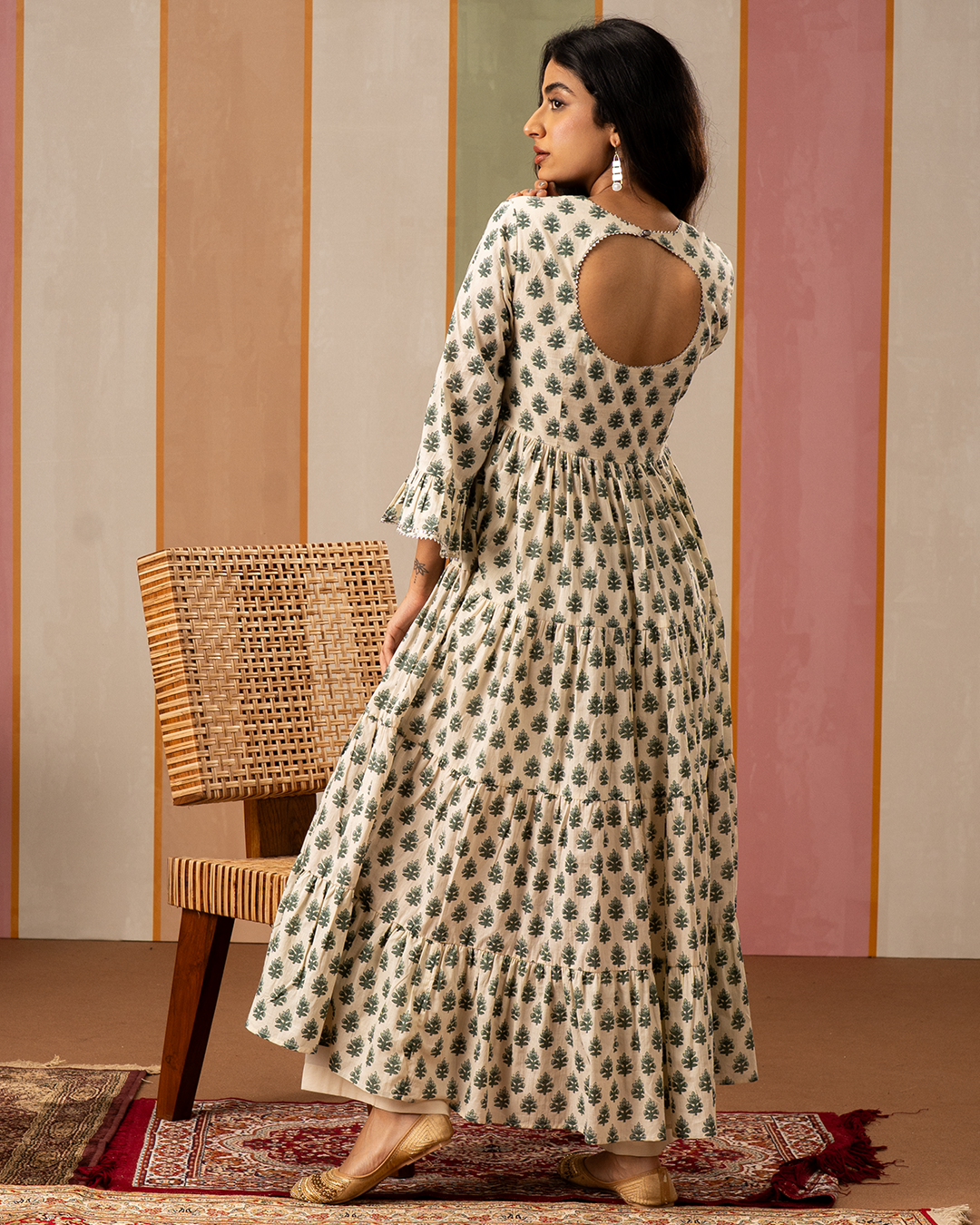 Sea Green and White Blockprint Flare Long Kurta