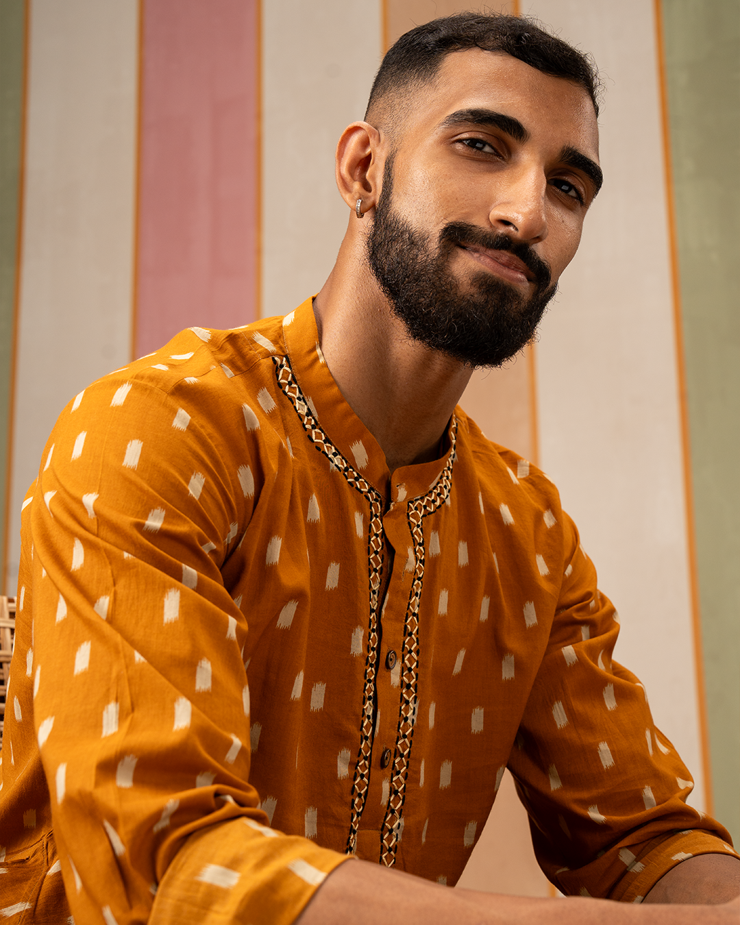 Mustard Ikat Printed Cotton Kurta With Embroidery