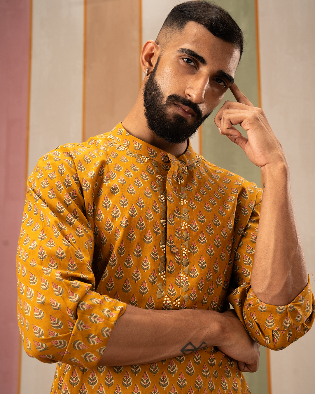 Yellow Blockprint Cotton Kurta With Embroidery