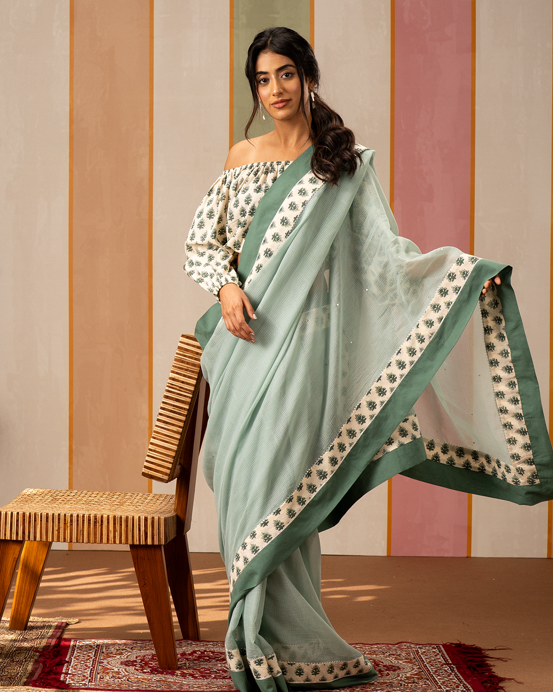 Sea Green Doria Saree with Blockprint Border