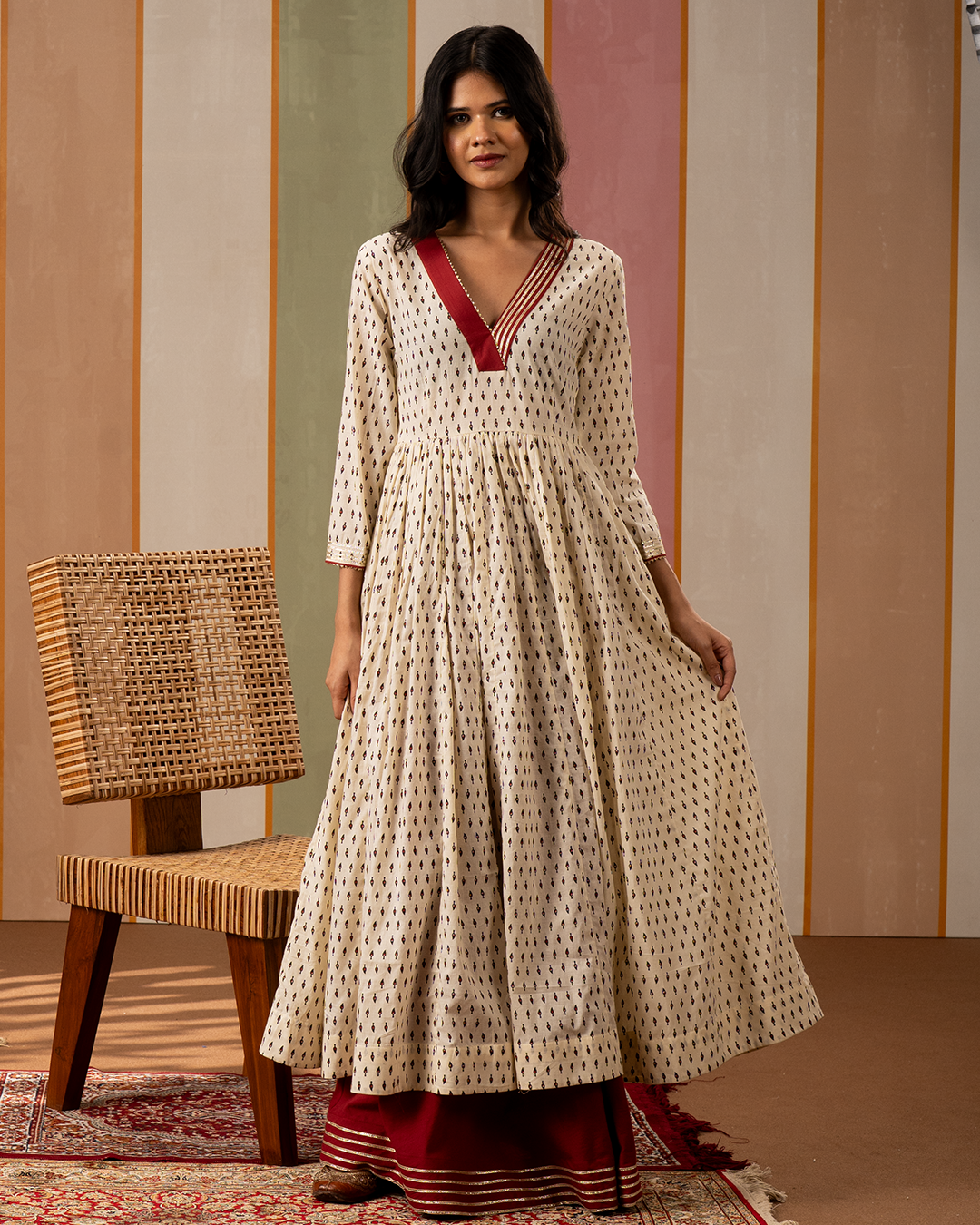 White Blockprint Cotton Flare Kurta