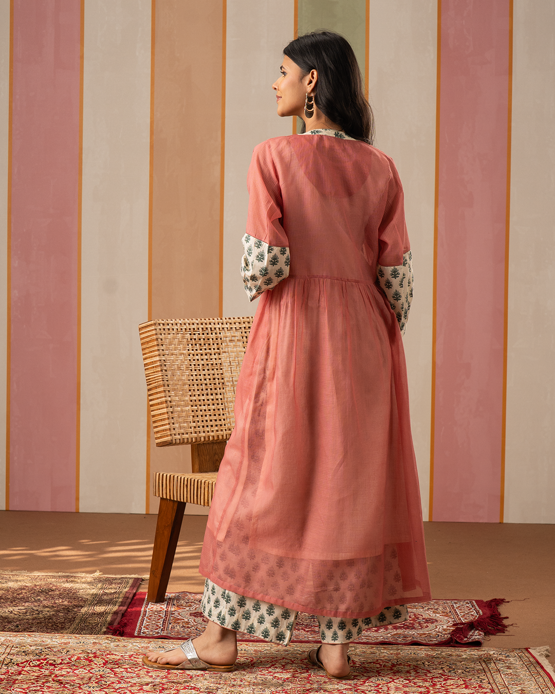 Pink and White Printed Cotton Doria Kurta Set