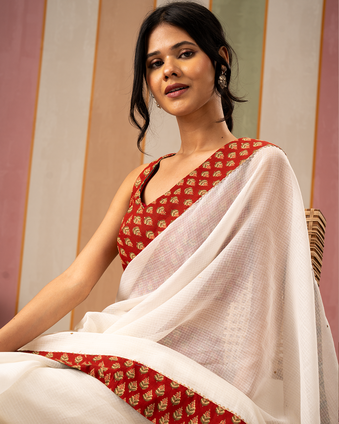 Off White Doria Blockprint Saree with Embroidery